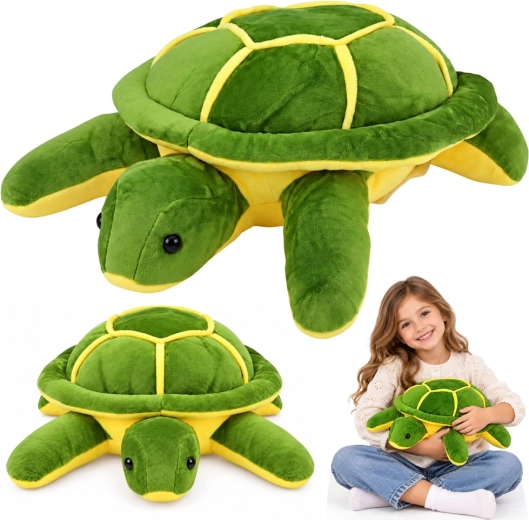 Zöld-sárga plüss teknős ölelgetéshez, 33 cm