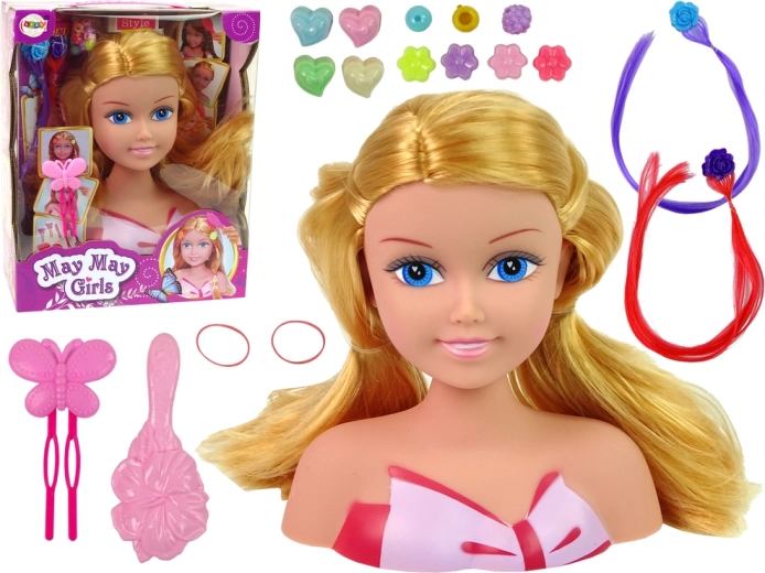 Stílusfej babákhoz gyöngyökkel, csatokkal és színes tincsekkel