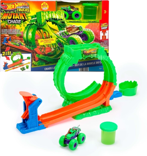 Hot Wheels Monster Trucks Mutant Chaos – Káoszhurok kihívás nyálkával és Wreckin' Wolf kisautóval
