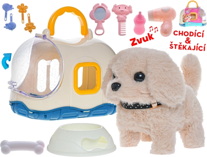 Interaktív plüss kutyus hordozóval, 19 cm