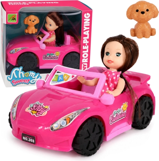 Mini baba rózsaszín kabrióban kiskutyával