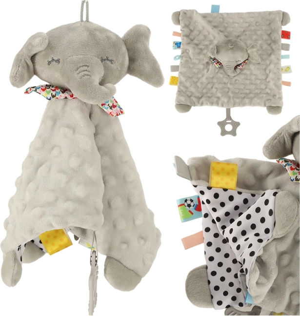 Érzékelő játék zizegő elefánt színes címkékkel