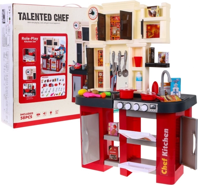 Interaktív gyerek konyha vízcsappal, fényekkel és hangokkal, 58 darab