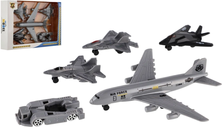 Katonai repülőgépek és járművek készlete, 5 db, műanyag, lendkerekes, dobozban 23 × 15,5 × 4 cm