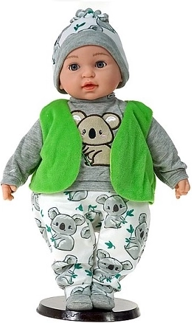 Beszélő baba lengyel hangokkal, zöld mellényben, 45 cm
