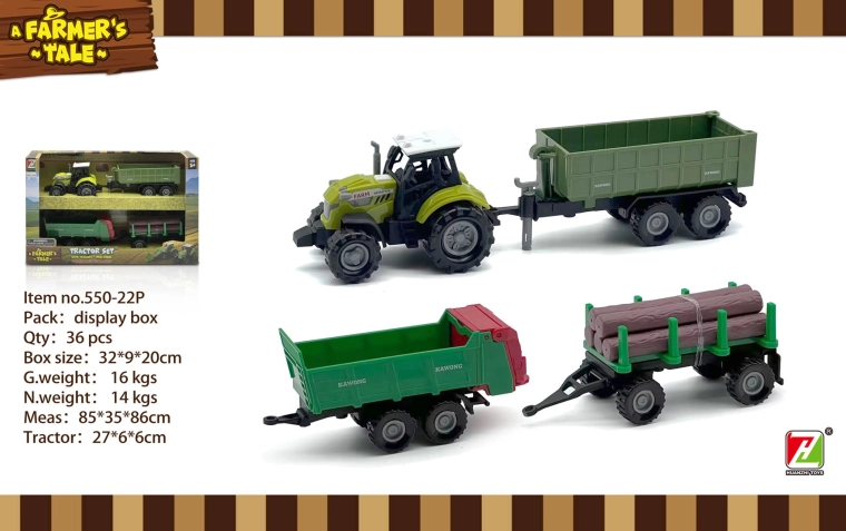 Traktor fényekkel, hanggal és pótkocsikkal, 1:48 méretarányban