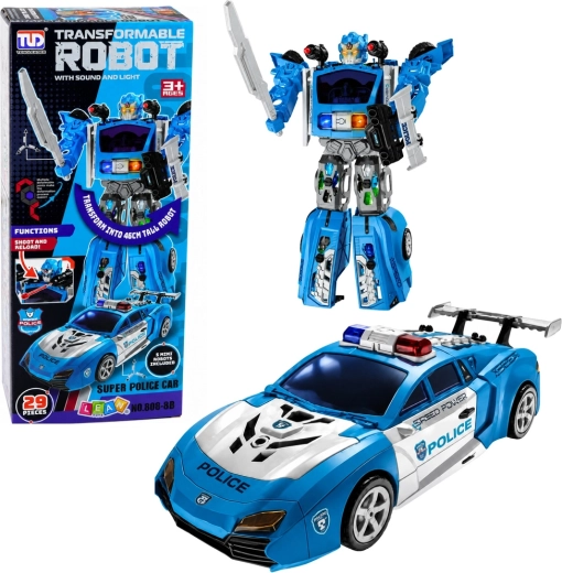 2 az 1-ben rendőrrobot sportos rendőrautóval, fényekkel, hangokkal és lövedékkilövővel – 29 darabos készlet