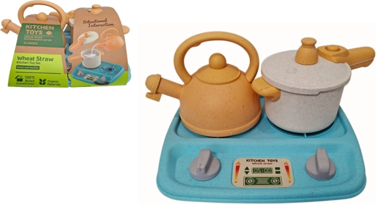 Konyhai játékszett főzőlappal, teáskannával és lábassal búzaszalmából