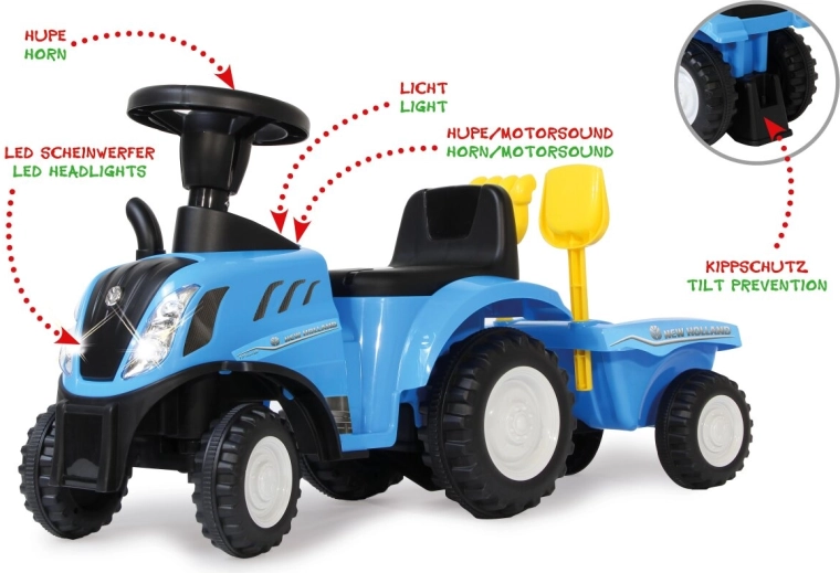 New Holland T7 gyermek lábbal hajtós traktor pótkocsival, 2 az 1-ben, kék