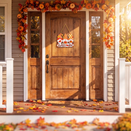 Őszi ajtódísz manókkal és „Welcome” felirattal