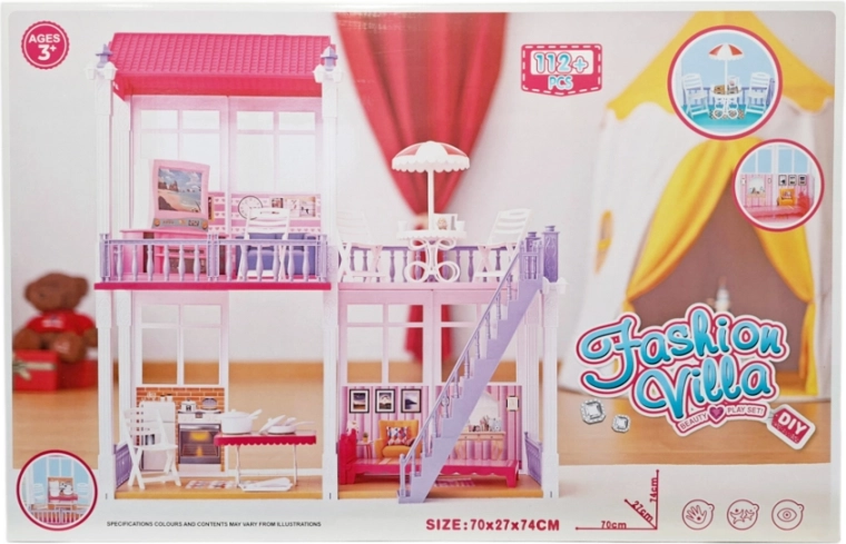 Emeletes babaház bútorokkal és kiegészítőkkel, 112 darab