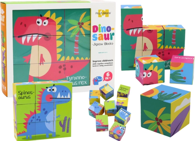 Oktató puzzle kockák 6 az 1-ben Dino világ, 9 darab