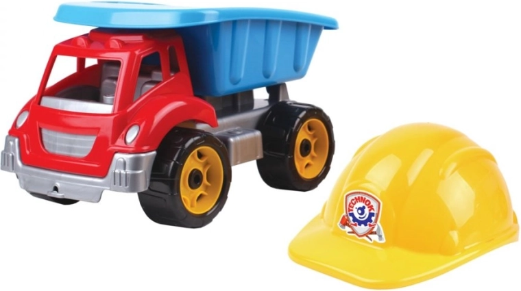 Műanyag billenőplatós teherautó sisakkal kis építőknek