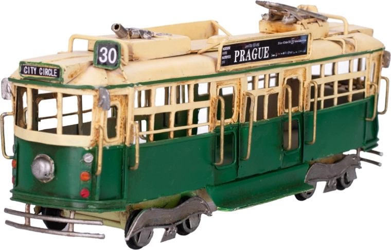 Fém villamosmodell Prague – zöld vintage dekoráció szabadonfutással