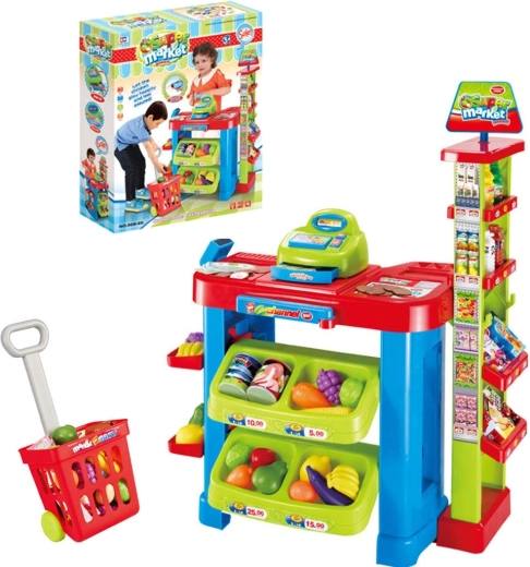 Gyerek szupermarket szkennerrel és bevásárlókocsival