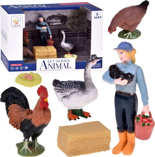 Gazdasszony és baromfi farmfigurákból álló készlet