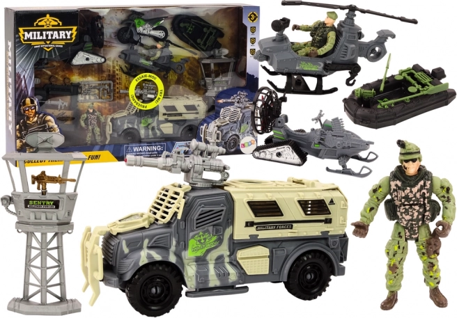 Katonai készlet harcjárművel és helikopterrel