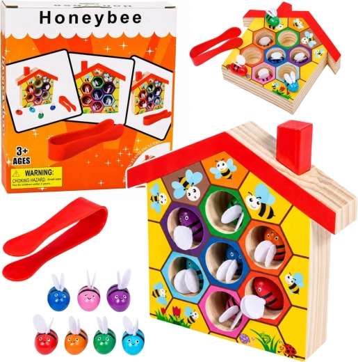 Fából készült montessori méhkaptár méhecskékkel és csipesszel (7 db)
