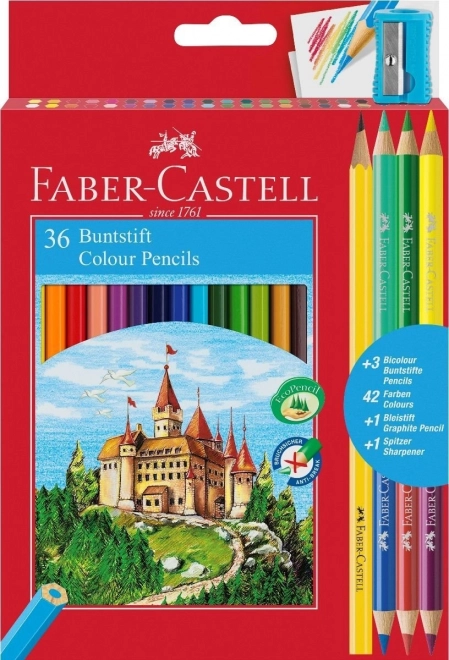 Faber-Castell színes ceruzák 36 db hegyezővel, grafitceruzával és duo ceruzákkal