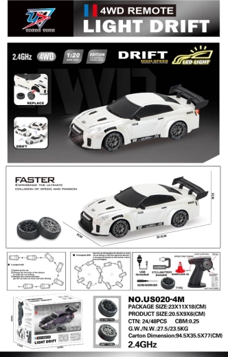 1:20 méretarányú drift R/C autó világítással, fehér