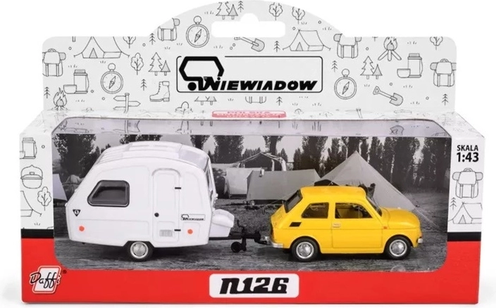 Fiat 126p sárga Niewiadów lakókocsi-utánfutóval (1:43)