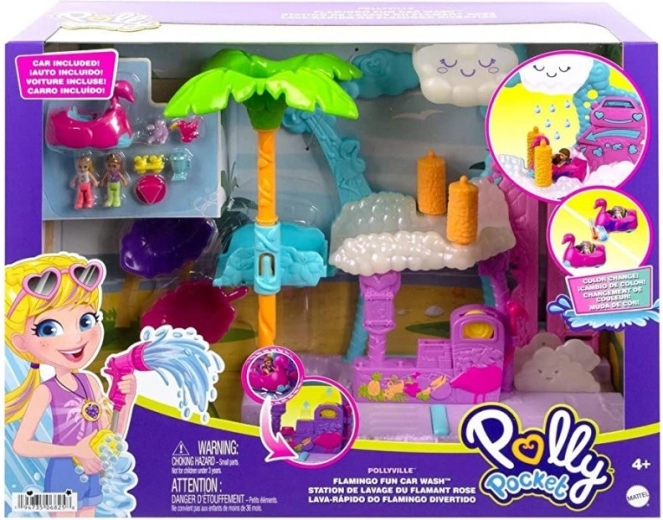 Polly Pocket Flamingó autómosó – játékkészlet színváltós autóval