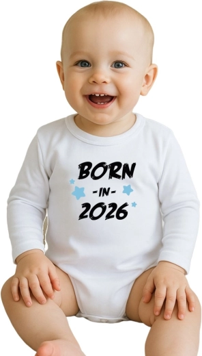 NEW BABY Born in 2026 nyomott mintás baba body, hosszú ujjú