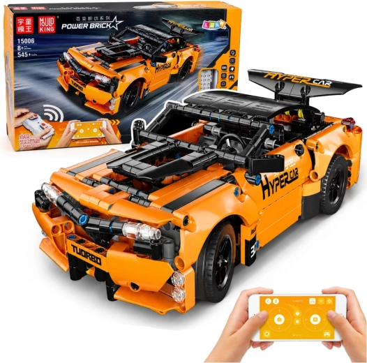 RC sportautó építőkockákból, távirányítós, narancssárga (545 db)