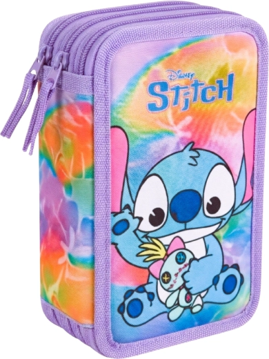 Háromrekeszes, felszerelt iskolai tolltartó Lilo & Stitch Stitch lila