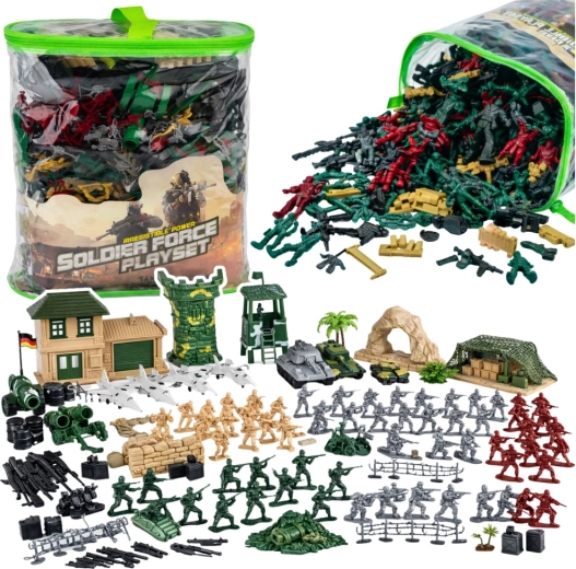 Nagy katonai játékkészlet katonákkal és járművekkel, 300 darab