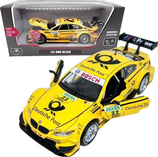Fém BMW M3 DTM modell 1:32 sárga, fényekkel és hangokkal