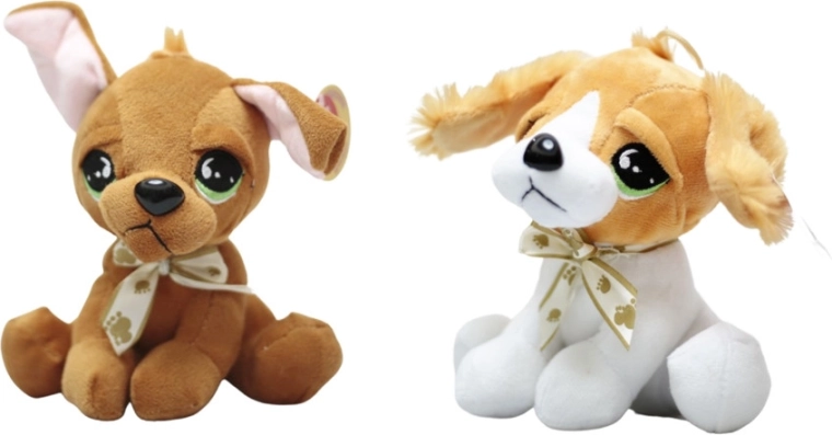 Plüss kutyus nagy szemekkel és masnival