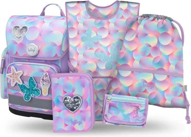 Baagl iskolai szett 5 db Ergo Candy – iskolatáska, tolltartó, tornazsák, kötény és nyakba akasztható pénztárca