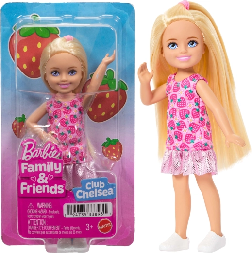 Barbie Club Chelsea szőke baba epres ruhában 14 cm