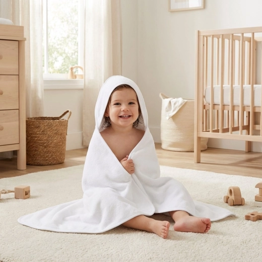 NEW BABY kapucnis frottír gyermek törölköző 100 × 100 cm, fehér