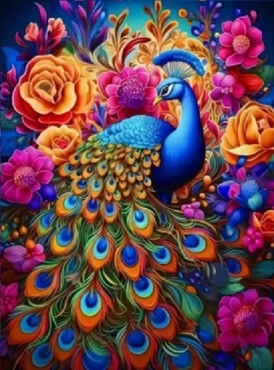 Gyémántszemes festés – páva színes virágokkal 30 × 40 cm