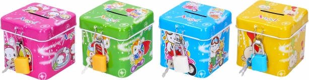 Fém pénzgyűjtő persely lakattal, kocka 6,5 × 6 cm, több színben