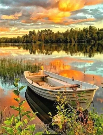 Gyémántszemes festés csónak a tavon 30 × 40 cm