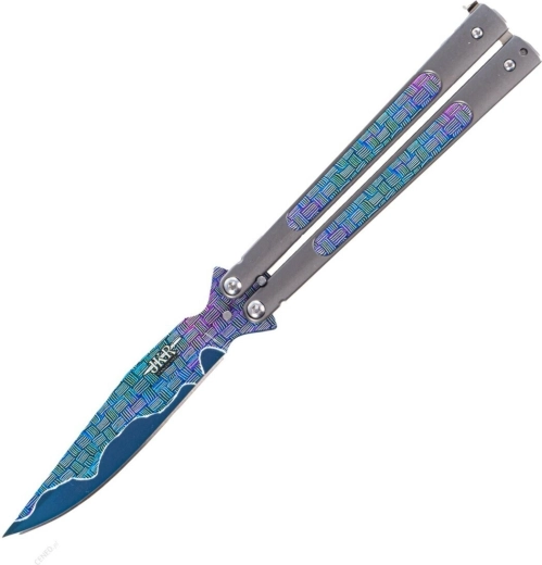 Összecsukható JOKER Butterfly balisong kés, 10,8 cm, teljesen fémből, szivárványos dekor