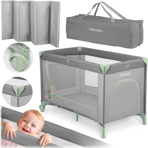 Kikkids szürke–menta utazó gyermekágy 125 × 65 × 78 cm matraccal és táskával