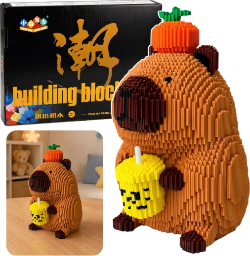 Kapybara almás shake-kel – mikrokocka építőszett, 3D figura 25 cm, 3900 darab