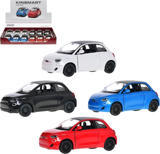 Kinsmart fém autómodell Fiat 500e 1:28, visszahúzós (pull-back) mechanizmussal – 1 db
