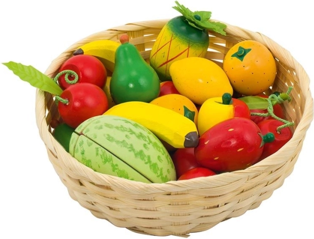 Fából készült gyümölcsök kosárban – 23 darabos készlet