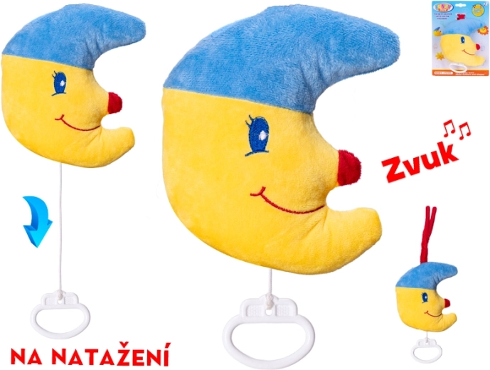 Plüss holdacska felhúzható zeneszerkezettel, 15 cm