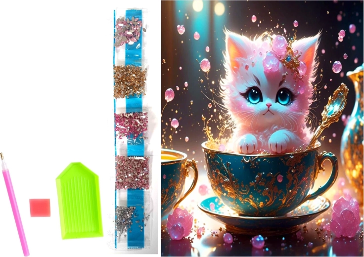 Gyémántfestés vásznon – cica teáscsészében 23 × 30 cm