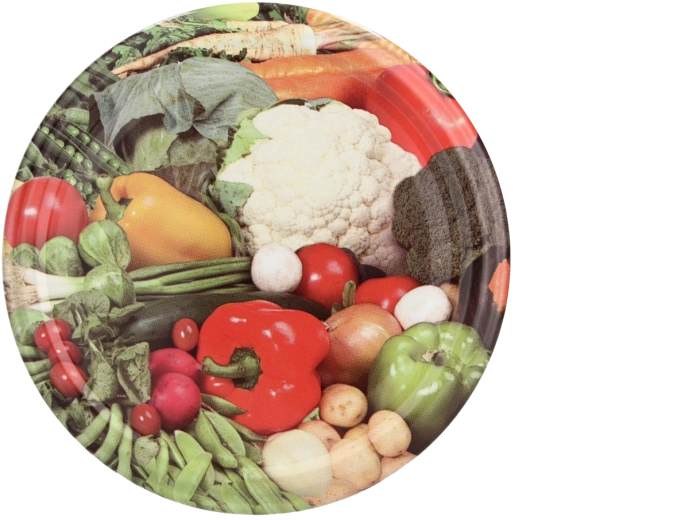 66 mm-es befőttesüveg-tetők készlete CHOMIK, zöldséges minták mixe, 10 db