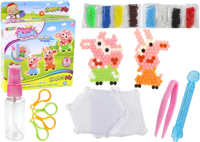 Vizes gyöngyök DIY – 8 színes készlet malacos motívumokkal