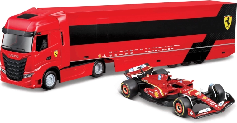 Bburago Ferrari versenyszállító kamion Iveco pótkocsival és F1 Ferrari SF-24 2024 (Charles Leclerc) 1:43