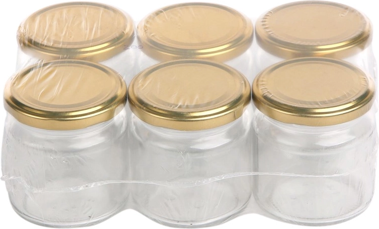 6 darabos, 200 ml-es üveg befőttesüveg szett arany színű, 66 mm-es tetőkkel