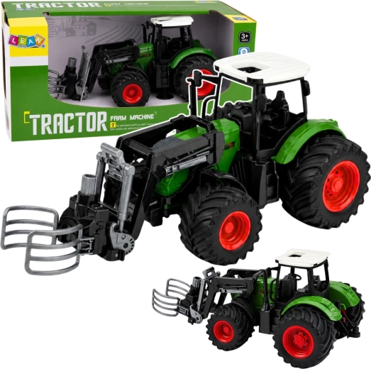 Mezőgazdasági traktor homlokrakodóval és bálarfogóval 1:24, zöld